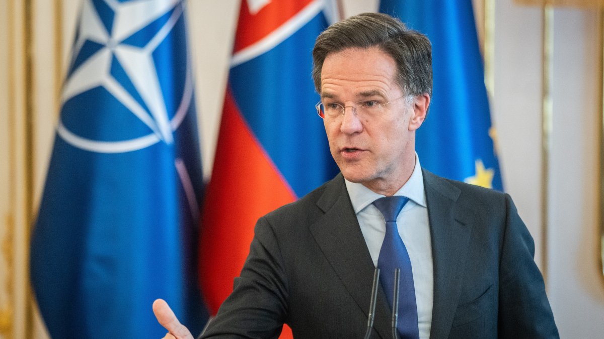 NATO Secretary-General Mark Rutte speaks at a news conference after a meeting with Slovak President Peter Pellegrini (not pictured) at Presidential Palace in Bratislava, Slovakia, Feb. 20, 2025. (EPA Photo)