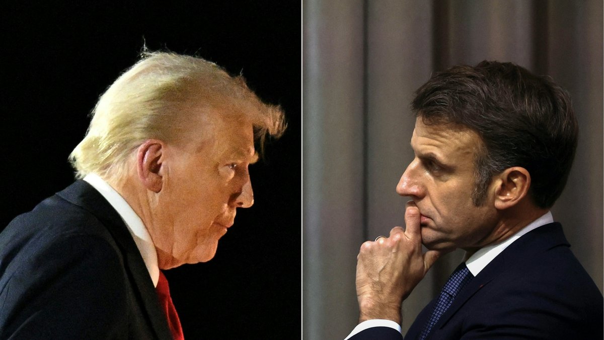 This combination of pictures created on Feb. 17, 2025, shows U.S. President Donald Trump at Naval Air Station Joint Reserve Base New Orleans in Louisiana, U.S., Feb. 9, 2025, and France&#039;s President Emmanuel Macron in Paris, France, Feb. 13, 2025. (AFP Photo)