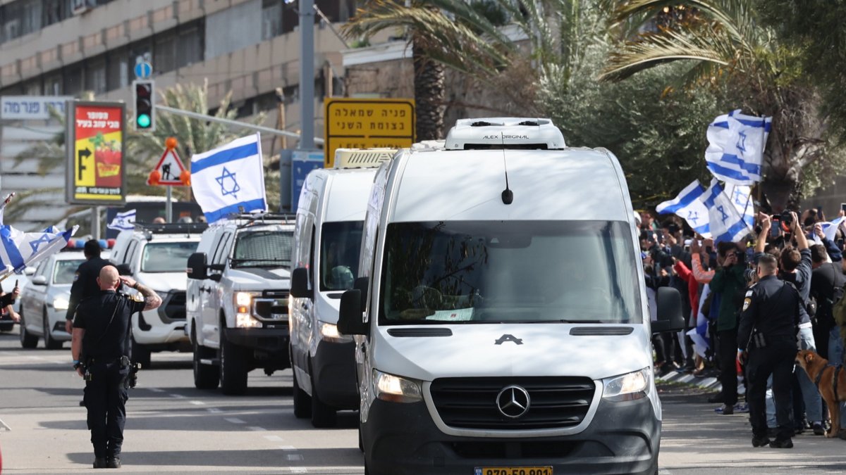 A convoy carrying the bodies of four Israeli hostages handed over by Hamas arrives at the National Center of Forensic Medicine in Tel Aviv, Israel, Feb. 20, 2025. (EPA Photo)