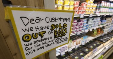 A sign shows that eggs are sold out at a grocery store in Alameda, California, U.S., Feb. 18, 2025. (EPA Photo)