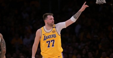 Los Angeles Lakers guard Luka Doncic reacts after a basket against the Utah Jazz at Crypto.com Arena, Los Angeles, California, U.S., Feb. 10, 2025. (Reuters Photo) 