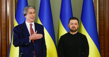 Ukraine&#039;s President Volodymyr Zelenskyy and U.S. Treasury Secretary Scott Bessent attend a news briefing after their meeting in Kyiv, Ukraine, Feb. 12, 2025. (Reuters Photo)