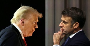 This combination of pictures created on Feb. 17, 2025, shows U.S. President Donald Trump at Naval Air Station Joint Reserve Base New Orleans in Louisiana, U.S., Feb. 9, 2025, and France&#039;s President Emmanuel Macron in Paris, France, Feb. 13, 2025. (AFP Photo)