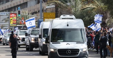 A convoy carrying the bodies of four Israeli hostages handed over by Hamas arrives at the National Center of Forensic Medicine in Tel Aviv, Israel, Feb. 20, 2025. (EPA Photo)