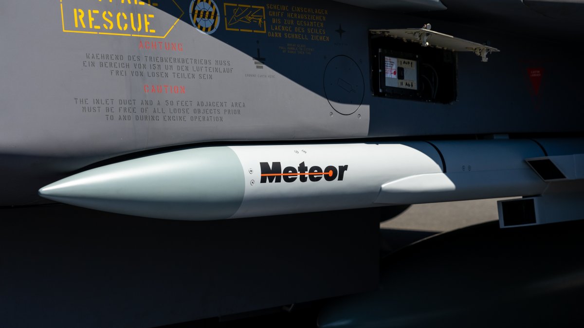 The active radar-guided beyond-visual-range air-to-air missile (BVRAAM) Meteor of the multirole fighter Eurofighter Typhoon on display at the ILA Berlin Air Show, Berlin, Germany, June 23, 2022. (Shutterstock Photo)