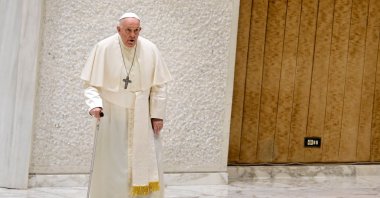 Pope Francis arrives to attend "The caress and the smile" event to meet with grandparents, elderly, grandchildren and members of the "Fondazione Eta' Grande," The Vatican, April 27, 2024. (AFP Photo)