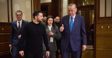 Ukraine&#039;s President Volodymyr Zelenskyy (2nd L) is welcomed by President Recep Tayyip Erdoğan, upon his arrival at the Presidential Complex, Ankara, Türkiye, Feb. 18, 2025. (AFP Photo)