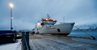A view shows Silver Dania, a Norwegian-owned ship suspected of cable sabotage in the Baltic Sea, whose crew are Russian citizens, in the port of Tromso, where it has been brought for investigation, in Tromso, Norway, Jan. 31, 2025. (NTB/Rune Stoltz Bertinussen/via Reuters)