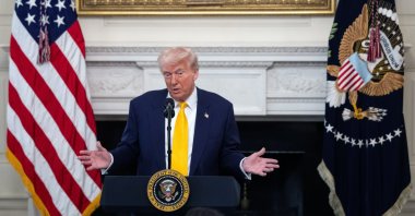 U.S. President Donald Trump delivers remarks during a working session with governors in the State Dining Room at the White House in Washington, D.C., Feb. 21, 2025. (EPA Photo)