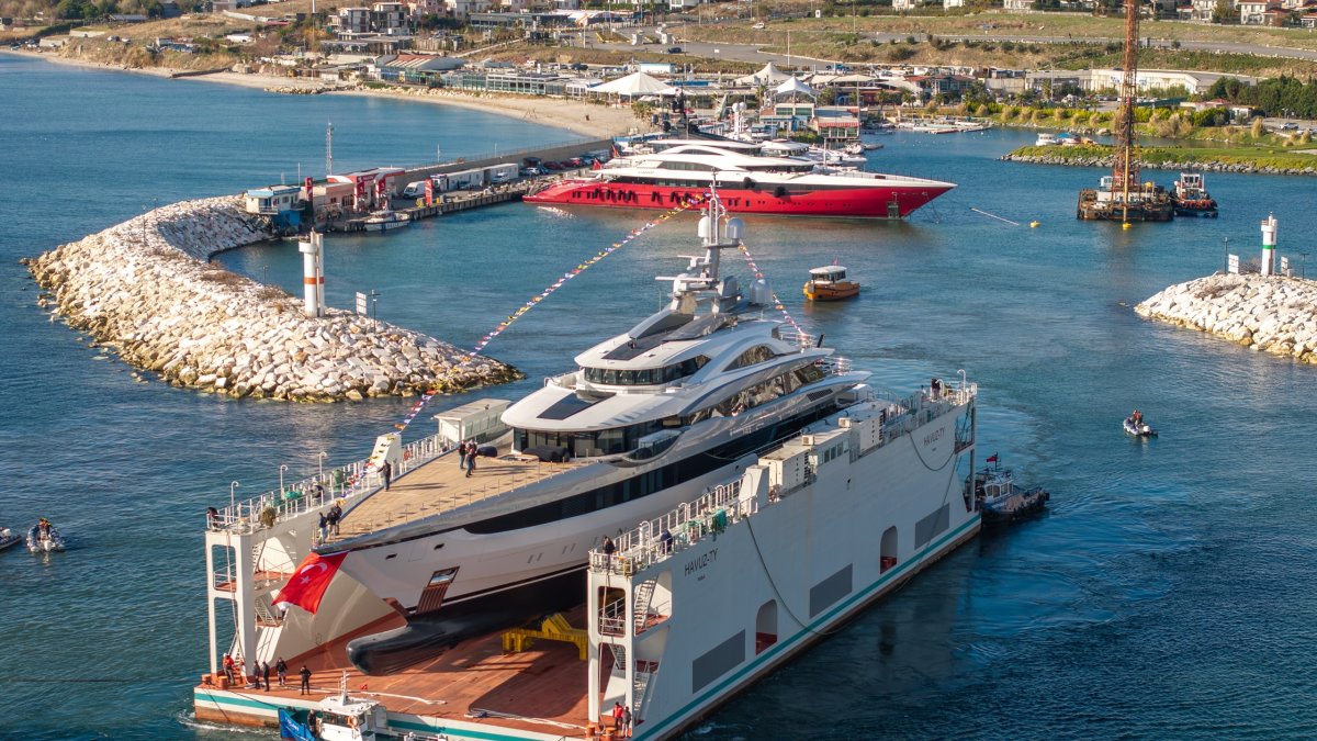 A yacht is seen onboard another ship at an undisclosed location, Feb. 22, 2025. (DHA Photo)