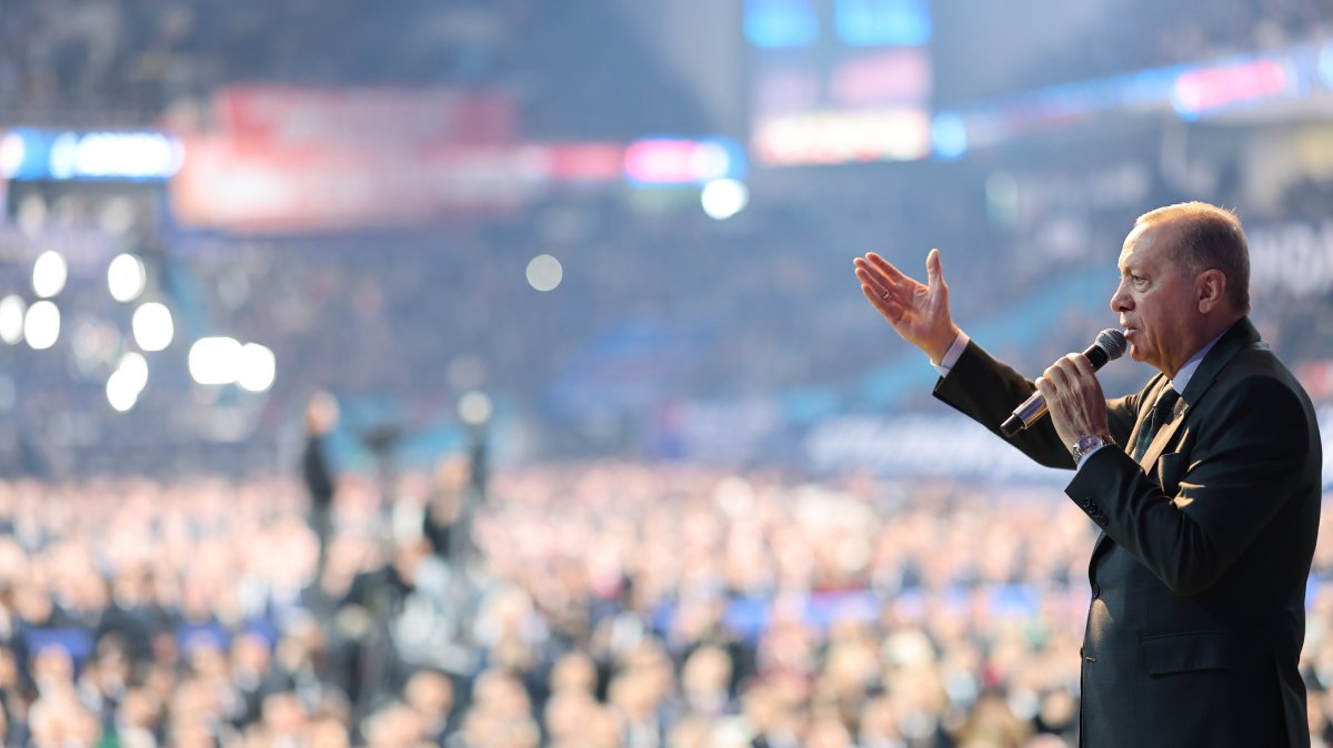 President Recep Tayyip Erdoğan addresses the congress in the capital Ankara, Türkiye, Feb. 23, 2025. (EPA Photo)