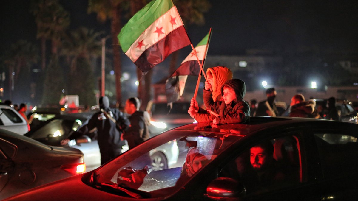 People celebrate in the streets after Syrian leader Ahmed al-Sharaa was named president to oversee a transitional period in Damascus, Syria, Jan. 29, 2025. (EPA Photo)