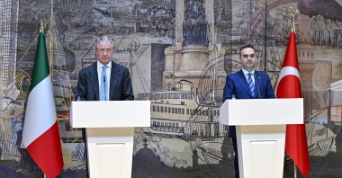Industry and Technology Minister Mehmet Fatih Kacır (R) and Enterprises and Made in Italy Minister Adolfo Urso hold a joint news conference in Istanbul, Türkiye, Feb. 18, 2025. (AA Photo)