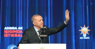 President Recep Tayyip Erdoğan attends the Justice and Development Party&#039;s (AK Party) congress, in the capital of Ankara, Türkiye, Feb. 23, 2025. (AA Photo)