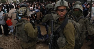 Israeli soldiers prevent Palestinians from returning to their homes at the Jenin refugee camp during an ongoing military operation in Jenin, occupied West Bank, Palestine, Feb. 19, 2025. (EPA Photo)