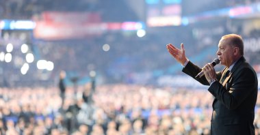President Recep Tayyip Erdoğan addresses the congress in the capital Ankara, Türkiye, Feb. 23, 2025. (EPA Photo)