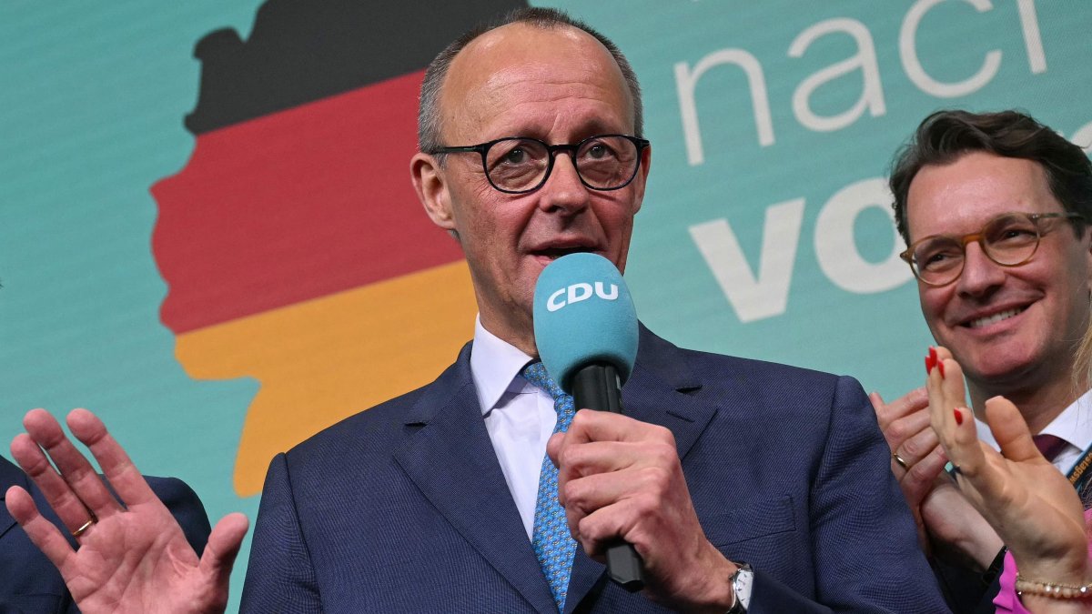 Friedrich Merz, leader of Germany&#039;s conservative Christian Democratic Union (CDU) and his party&#039;s candidate for chancellor, addresses supporters after the first exit polls in the German general elections were announced on TV during the electoral evening in Berlin, Germany, Feb. 23, 2025. (AFP Photo)