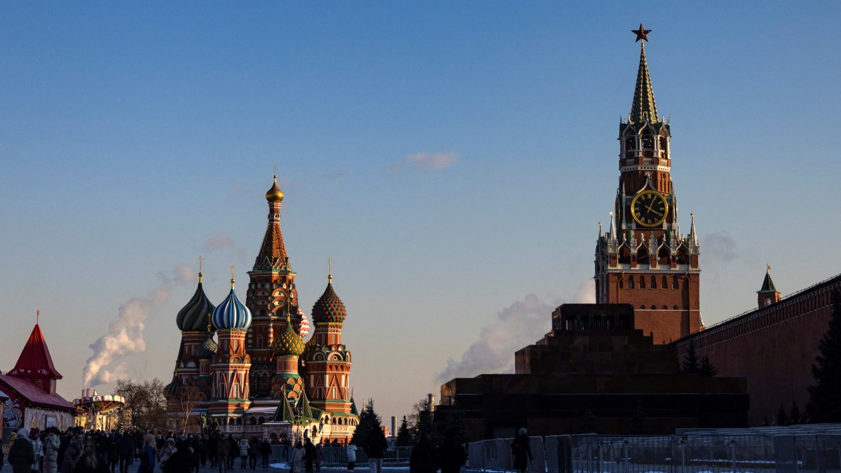 People walk in Red Square on a sunny day in Moscow, Russia, Feb. 23, 2025. (Reuters Photo)