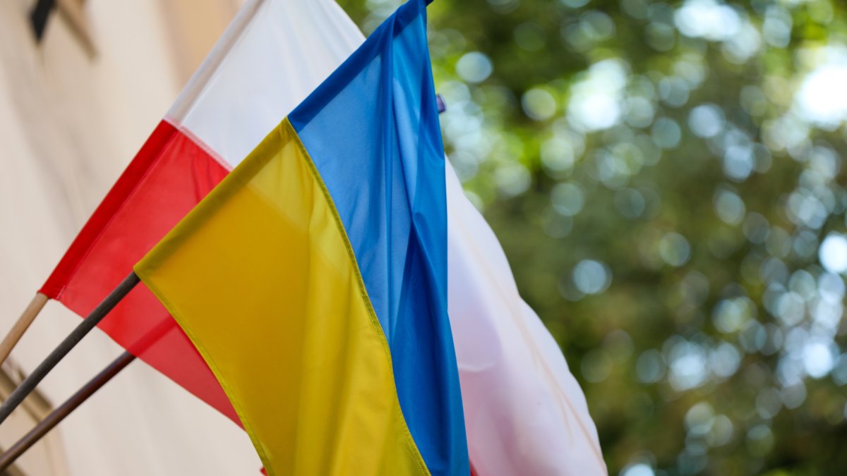 A Ukrainian flag with a Polish flag is seen on a street in Krakow, Poland, Aug. 13, 2024. (Reuters Photo)