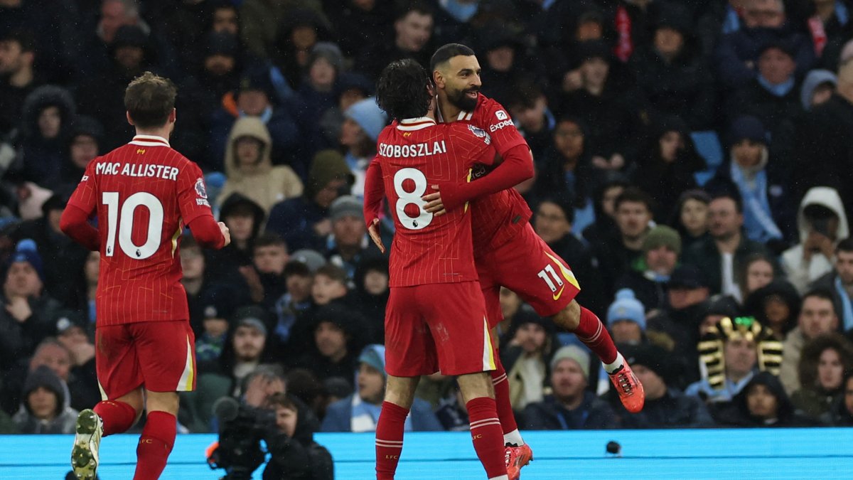 Liverpool players celebrate after a goal during the Premier League match against Manchester City at the Etihad Stadium, Manchester, U.K., Feb. 23, 2025. (Reuters Photo)
