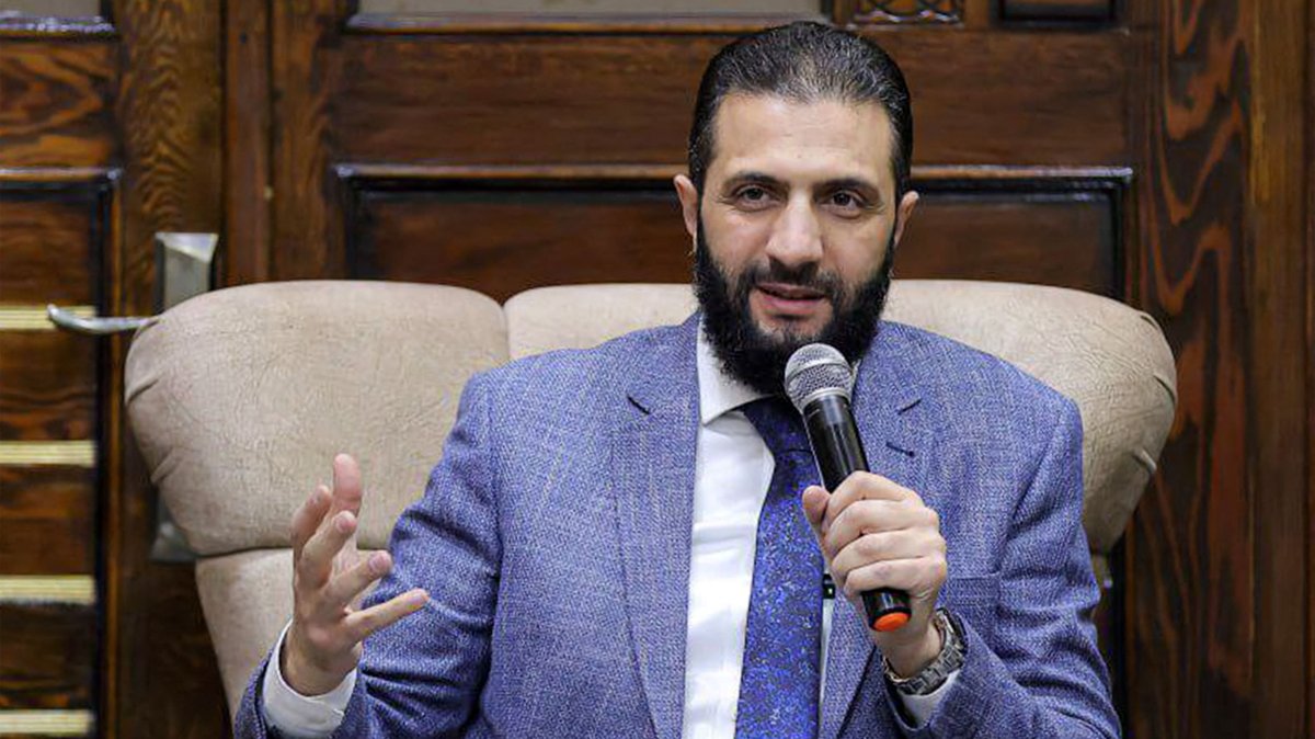 Syria&#039;s interim leader, Ahmed al-Sharaa, addresses a meeting in Idlib, Syria, Feb. 15, 2025, (AFP Photo)