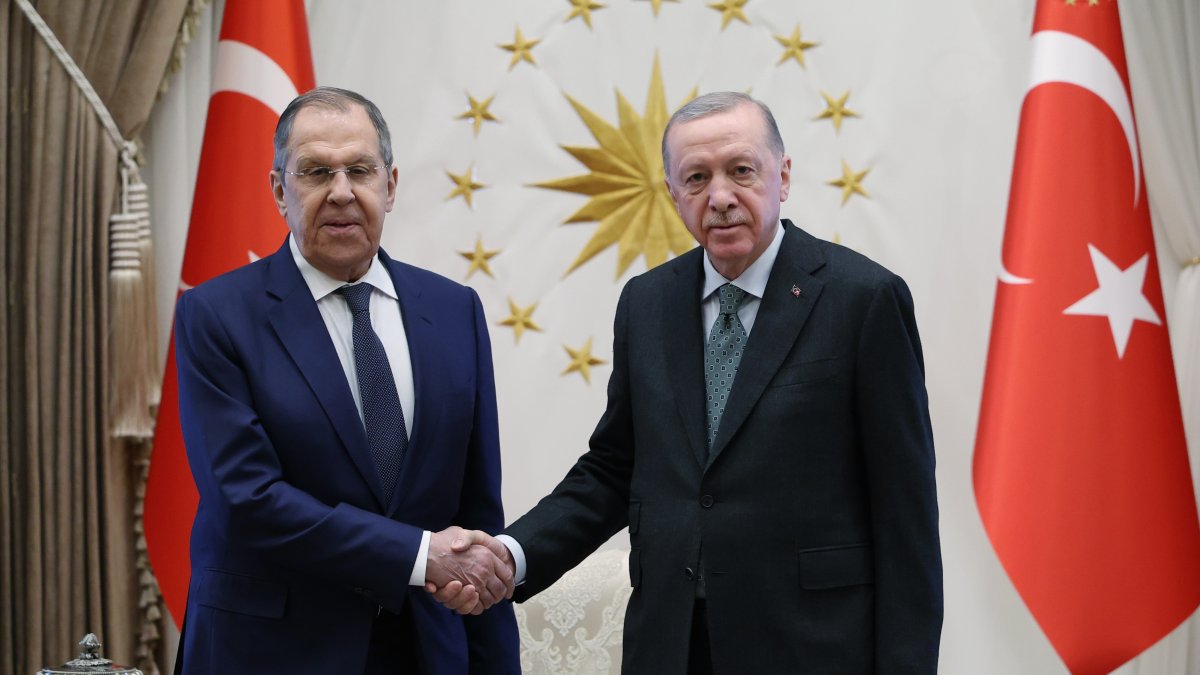 President Recep Tayyip Erdoğan (R) and Russian Foreign Minister Sergei Lavrov (L) shake hands before their meeting in Ankara, Türkiye, Feb. 24, 2025. (EPA Photo)