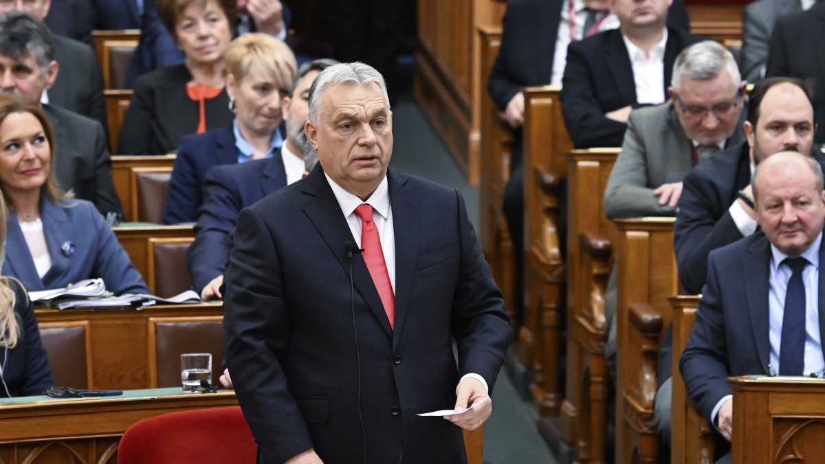 Hungarian Prime Minister Viktor Orban responds to speeches at the start of the spring session of the National Assembly in Budapest, Hungary, Monday, Feb. 24, 2025. (AP Photo)