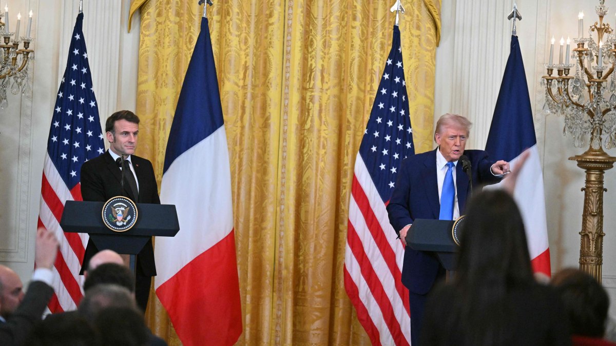 U.S. President Donald Trump speaks during a joint news conference with French President Emmanuel Macron in the East Room of the White House in Washington, D.C., Feb. 24, 2025. (AFP Photo)