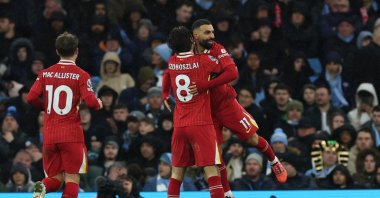 Liverpool players celebrate after a goal during the Premier League match against Manchester City at the Etihad Stadium, Manchester, U.K., Feb. 23, 2025. (Reuters Photo)