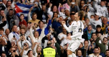 Real Madrid&#039;s Luka Modric celebrates scoring the opening goal during the La Liga match against Girona at Santiago Bernabeu Stadium, Madrid, Spain, Feb. 23, 2025. (AFP Photo)