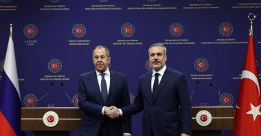 Foreign Minister Hakan Fidan (R) shakes hands with his Russian counterpart Sergei Lavrov after a joint press conference in the capital, Ankara, Türkiye, Feb. 24, 2025. (AFP Photo)