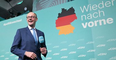 Friedrich Merz, leader of Germany&#039;s conservative Christian Democratic Union (CDU) and top candidate for chancellor, addresses supporters in Berlin, Germany, Feb. 23, 2025. (AFP Photo)