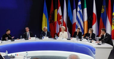 Ukrainian President Volodymyr Zelenskyy, European Commission President Ursula von der Leyen, European Council President Antonio Costa, Spain&amp;#039;s Prime Minister Pedro Sanchez, Latvia&amp;#039;s President Edgars Rinkevics, Denmark&amp;#039;s Prime Minister Mette Frederiksen and Iceland&amp;#039;s Prime Minister Kristrun Frostadottir attend a news conference after the &amp;#039;Support Ukraine&amp;#039; summit, marking the third anniversary of the Russian invasion, in Kyiv, Ukraine, Feb. 24, 2025. (Reuters Photo)