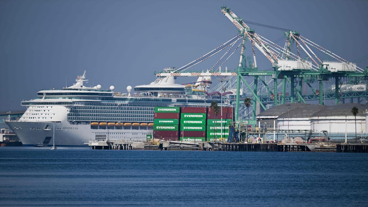 Cargo shipping containers sit stacked at an Evergreen container terminal across from the Royal Caribbean Navigator of the Seas cruise ship at the Port of Los Angeles in Los Angeles, California, U.S., Feb. 3, 2025. (AFP Photo)