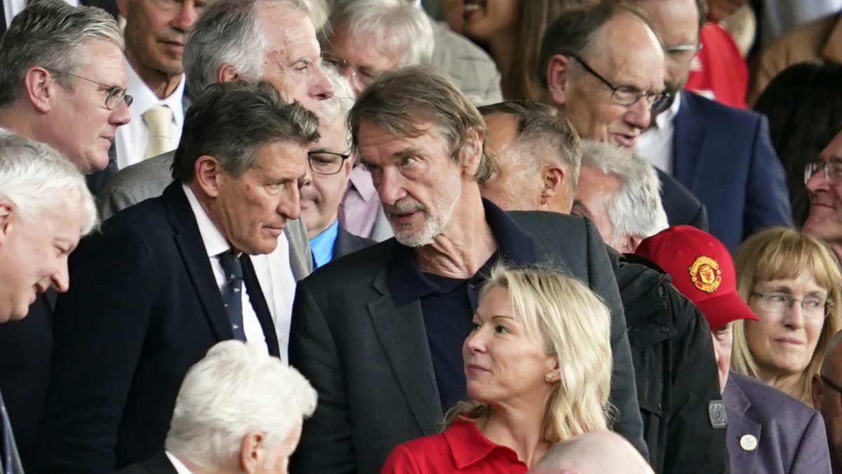 Jim Ratcliffe (C) in the stands during the English Premier League match between Manchester United and Arsenal at the Old Trafford Stadium, Manchester, England, May 12, 2024. (AP Photo)