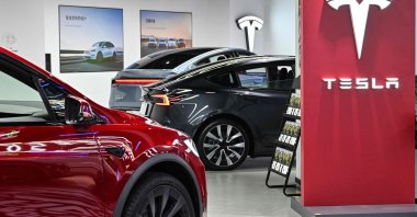 Tesla cars are seen in a showroom for the U.S. electric vehicle maker at a mall in the Changning district of Shanghai, China, Feb. 25, 2025. (AFP Photo)