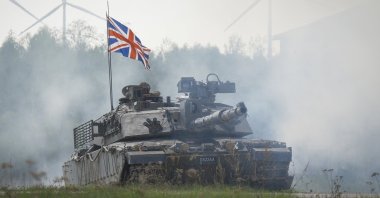 A Challenger 2 main battle tank of the British forces during the NATO's Spring Storm exercise in Kilingi-Nomme, Estonia, May 15, 2024. (AP Photo)