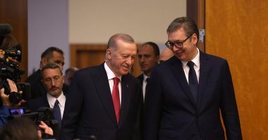 President Recep Tayyip Erdoğan and Serbian President Aleksandar Vucic arrive for their meeting in Belgrade, Serbia, Oct. 11, 2024. (EPA Photo)