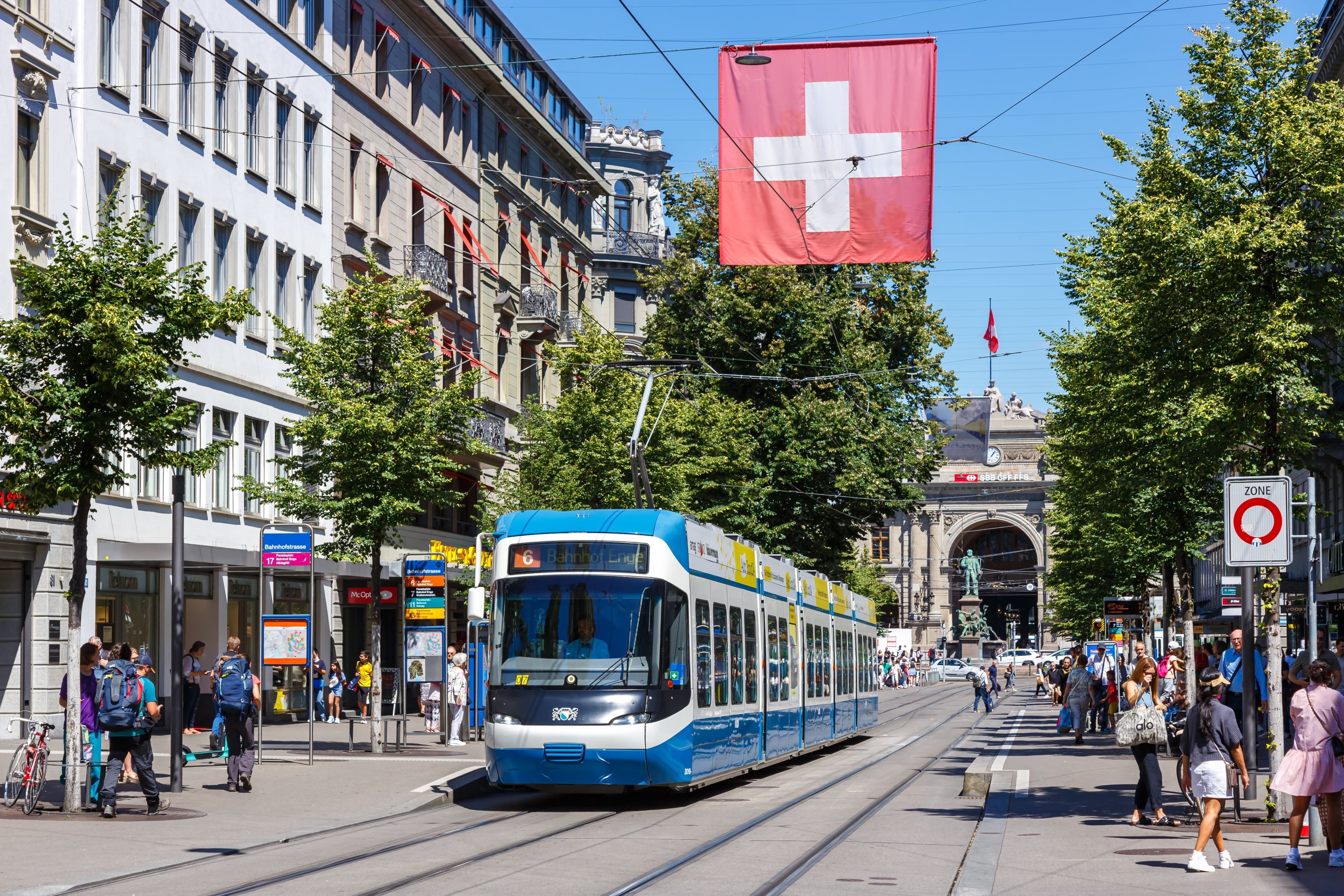 Bahnhofstrasse with the Cobra-Tram, a popular mode of public transport in the city of Zurich, Switzerland, Aug. 10, 2023. (Shutterstock Photo)