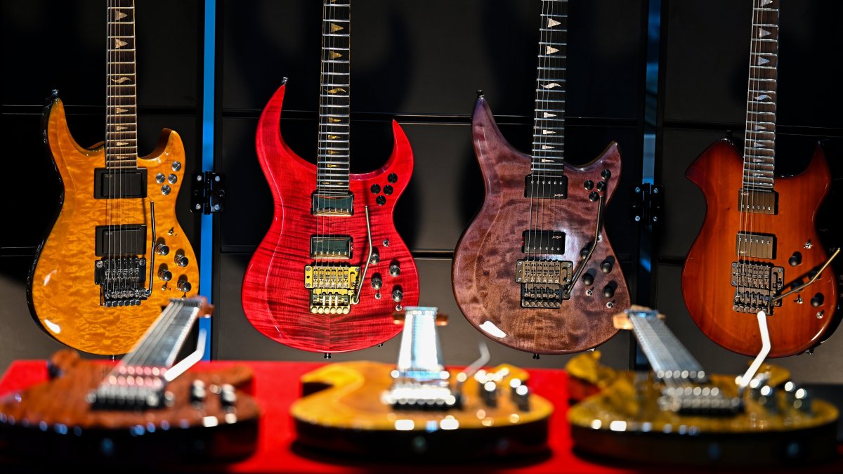 The modular electric guitars designed by musician Cem Köksal and his partners are displayed at their workshop in Antalya, southern Türkiye, Feb. 25, 2025. (AA Photo)