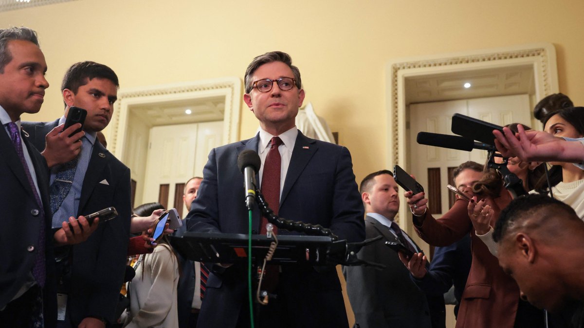 U.S. Speaker of the House Mike Johnson delivers remarks after the House passed the Republican&#039;s budget resolution on the spending bill at the U.S. Capitol, Washington, U.S., Feb. 25, 2025. (AFP Photo)