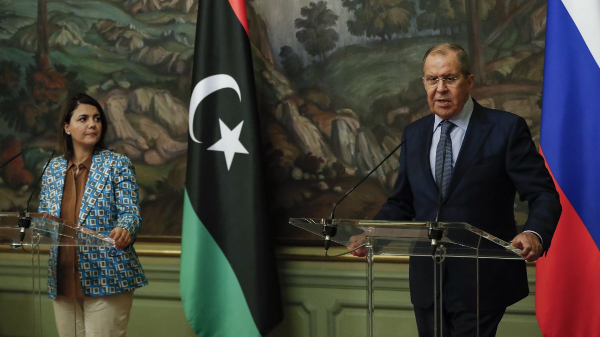 Russian Foreign Minister Sergey and Libyan Foreign Minister Najla Mangoush attend a joint news conference following their talks, Moscow, Russia, Aug. 19, 2021. (AP Photo)