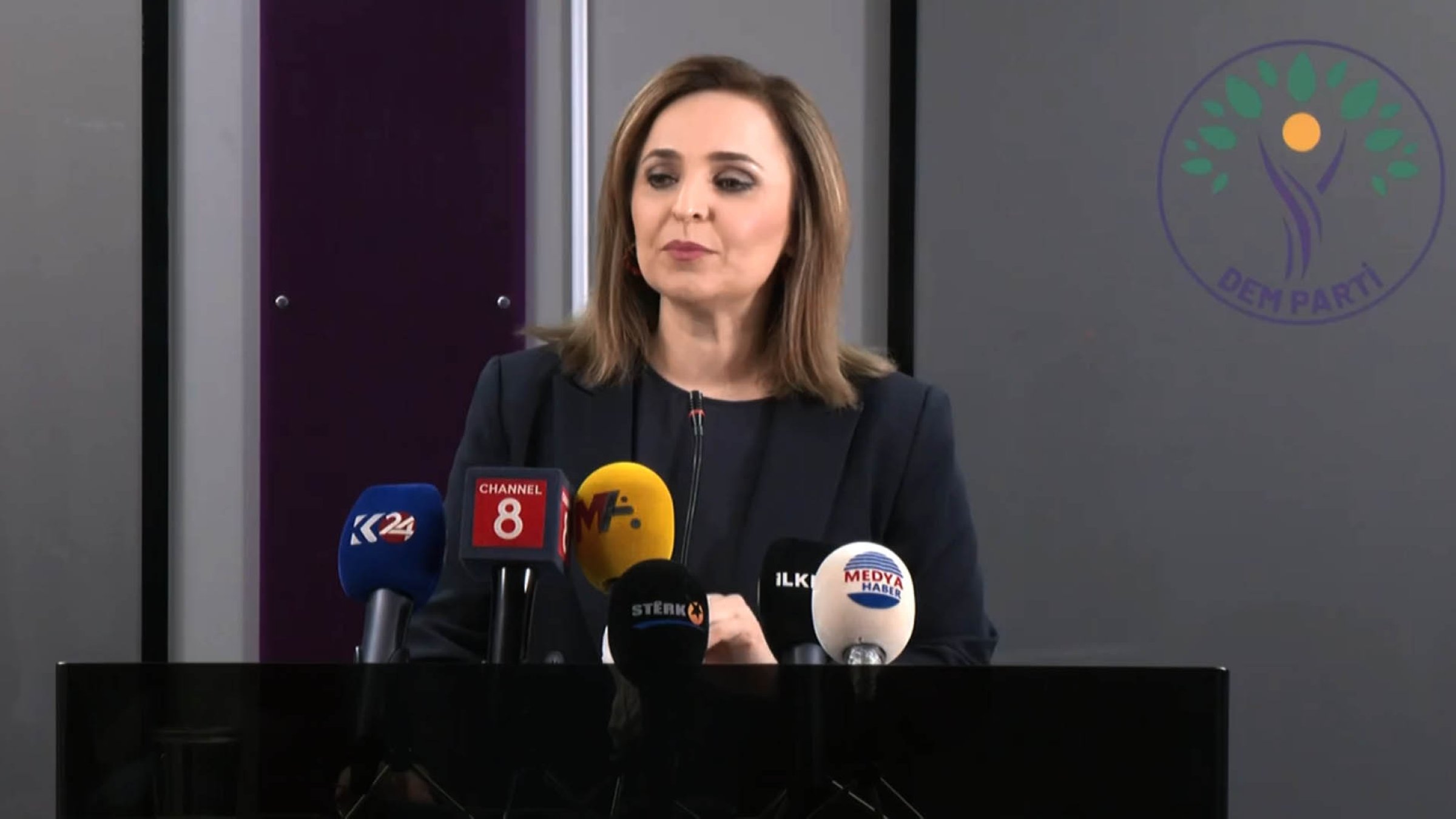Peoples&#039; Equality and Democracy Party (DEM Party) spokesperson Ayşegül Doğan talks to reporters at the party&#039;s headquarters, Ankara, Türkiye, Feb. 26, 2025. (DHA Photo)