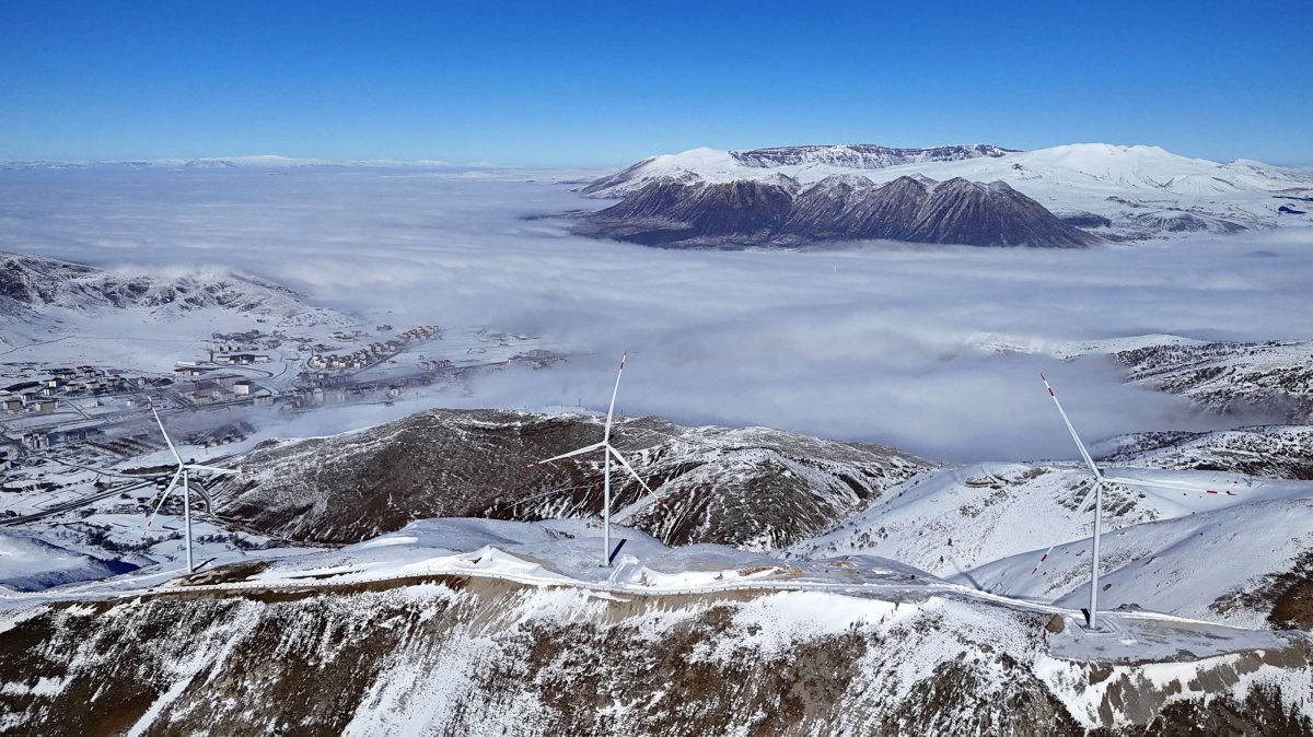 Wind turbines are seen in the mountainous Bitlis province, southeastern Türkiye, Dec. 31, 2025. (AA Photo)