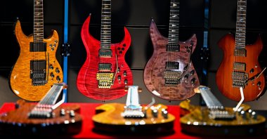 The modular electric guitars designed by musician Cem Köksal and his partners are displayed at their workshop in Antalya, southern Türkiye, Feb. 25, 2025. (AA Photo)