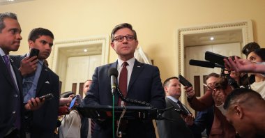 U.S. Speaker of the House Mike Johnson delivers remarks after the House passed the Republican's budget resolution on the spending bill at the U.S. Capitol, Washington, U.S., Feb. 25, 2025. (AFP Photo)