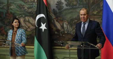 Russian Foreign Minister Sergey and Libyan Foreign Minister Najla Mangoush attend a joint news conference following their talks, Moscow, Russia, Aug. 19, 2021. (AP Photo)