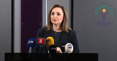 Peoples&#039; Equality and Democracy Party (DEM Party) spokesperson Ayşegül Doğan talks to reporters at the party&#039;s headquarters, Ankara, Türkiye, Feb. 26, 2025. (DHA Photo)