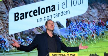 Tour de France general director Christian Prudhomme gestures during a ceremony, Barcelona, Spain, Feb. 25, 2025. (AFP Photo)