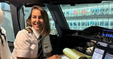 Gökçe Kübra Yıldırım in the cockpit of an Airbus A380, Dubai, UAE, Feb. 25, 2025. (DHA Photo)